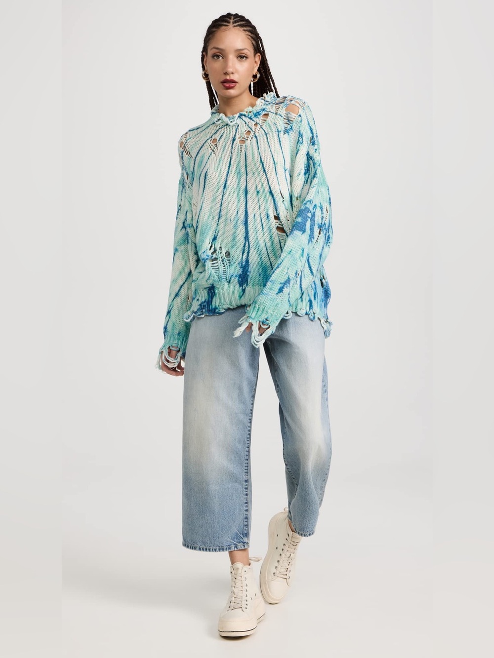 R13 Woman’s Blue Tie Die Distressed designer Oversized Sweater, size M - Picture 5 of 6